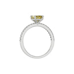 This white gold ring displayed in through finger view is made with a radiant solitaire diamond set in four-prong setting