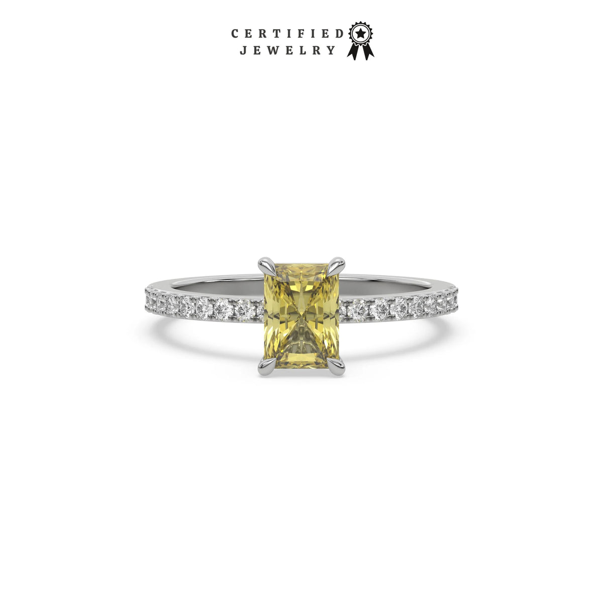 This white gold ring displayed in front view is made with a radiant solitaire diamond set in four-prong setting