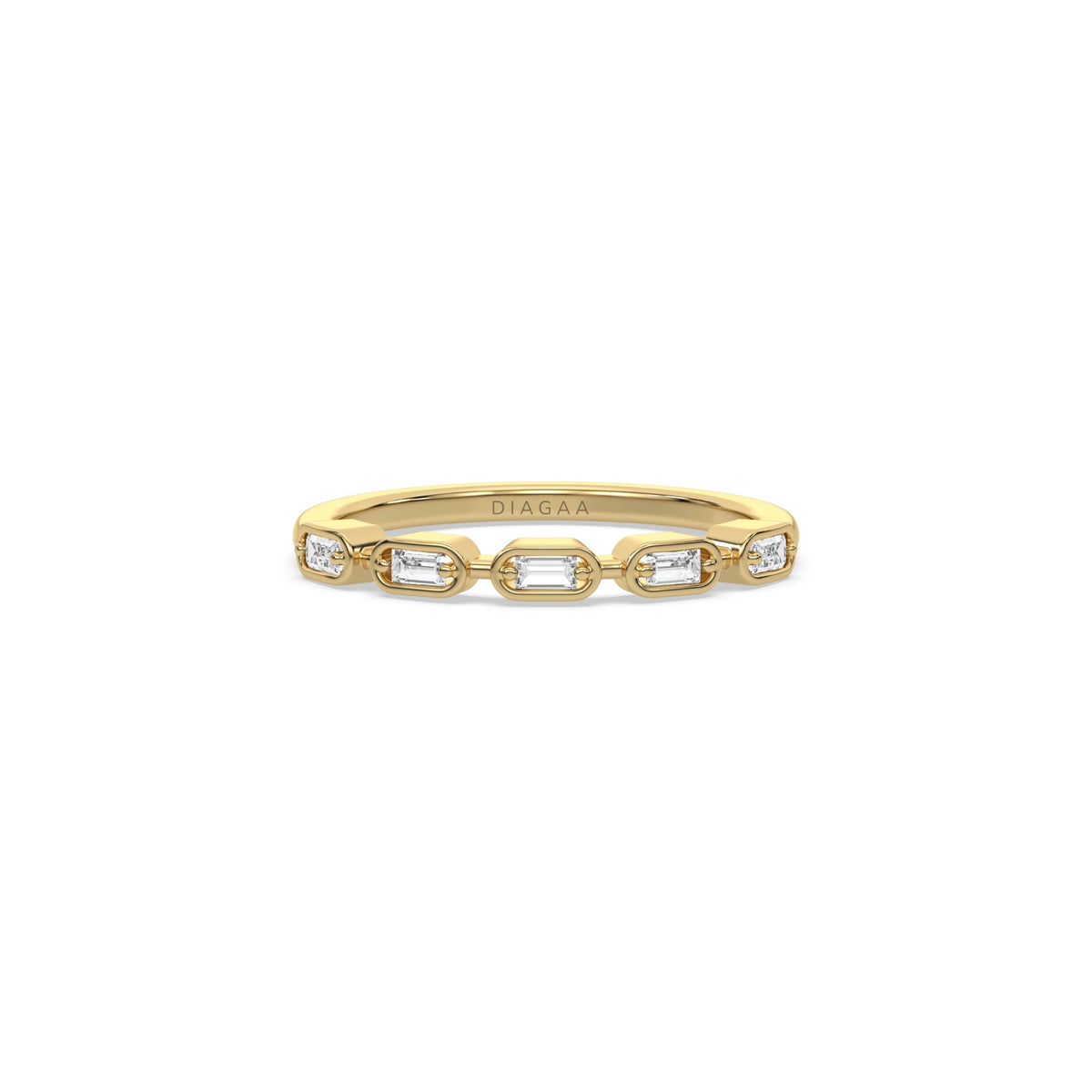 This yellow gold ring displayed on front view is made with five baguette diamonds and arranged in a horizontal orientation, while each diamond is set individually in a bezel setting