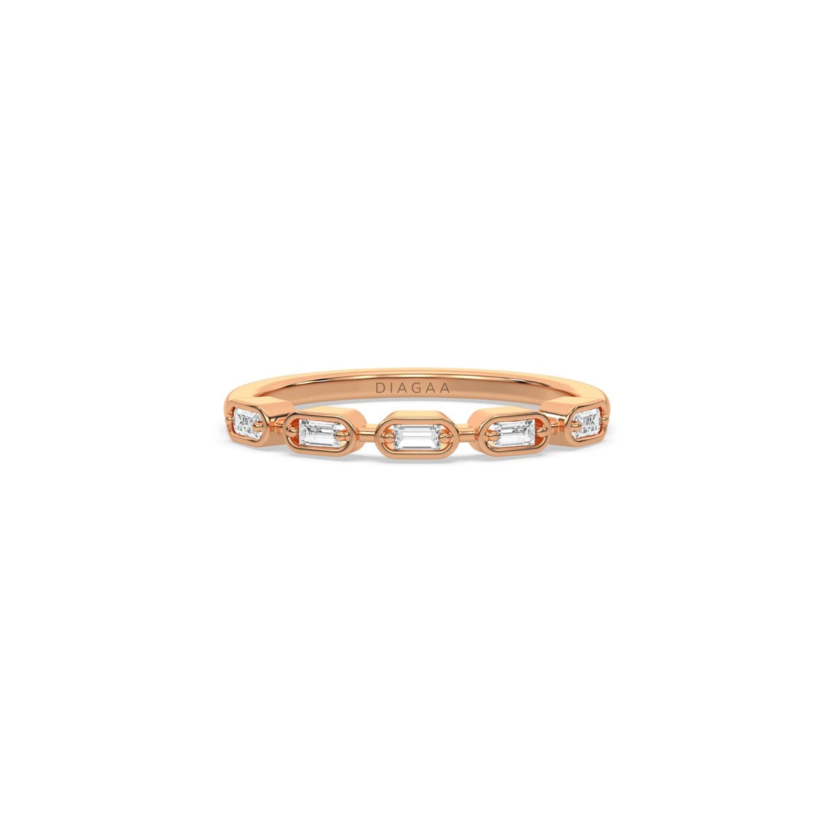 This rose gold ring displayed on front view is made with five baguette diamonds and arranged in a horizontal orientation, while each diamond is set individually in a bezel setting