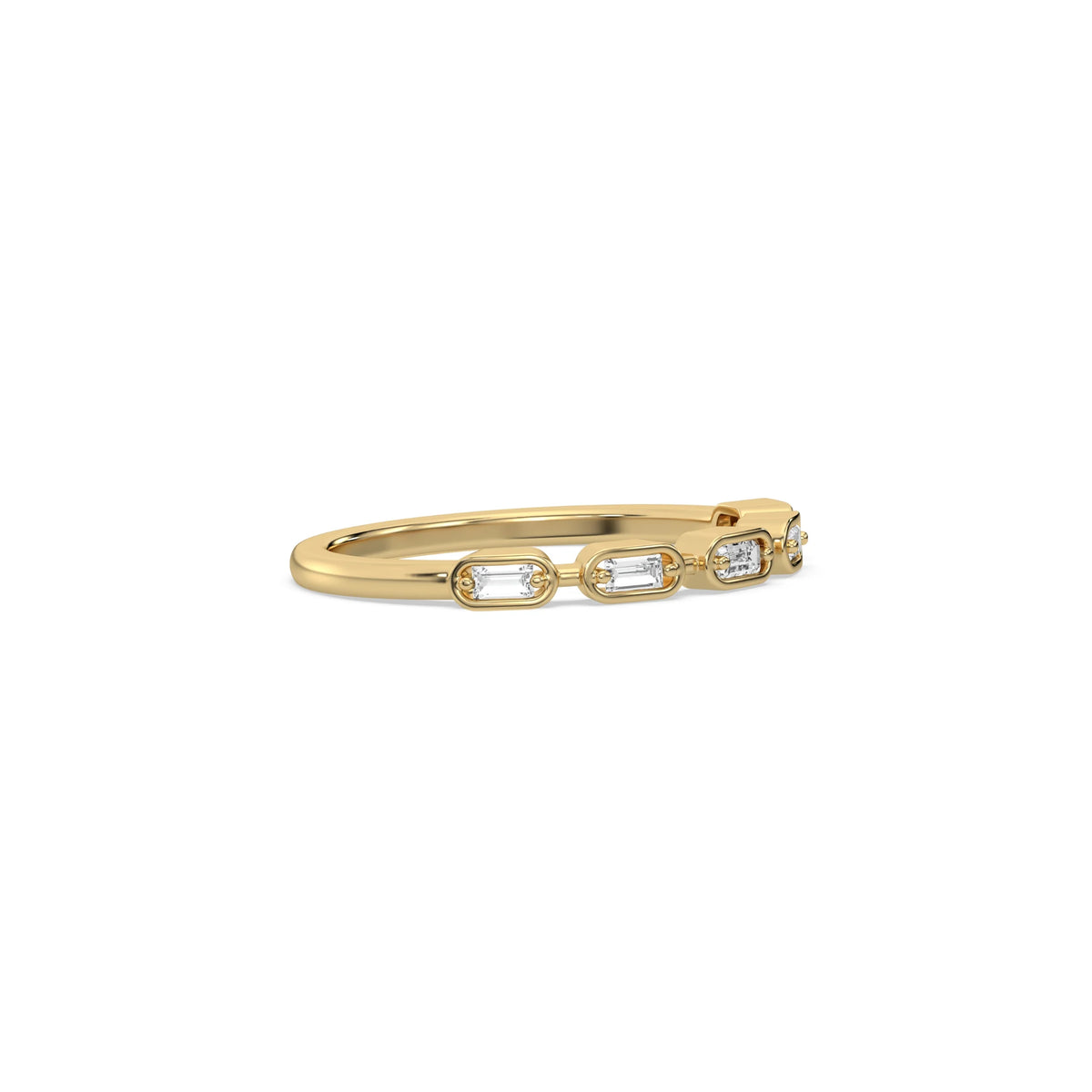 This yellow gold ring displayed on side view is made with five baguette diamonds and arranged in a horizontal orientation, while each diamond is set individually in a bezel setting