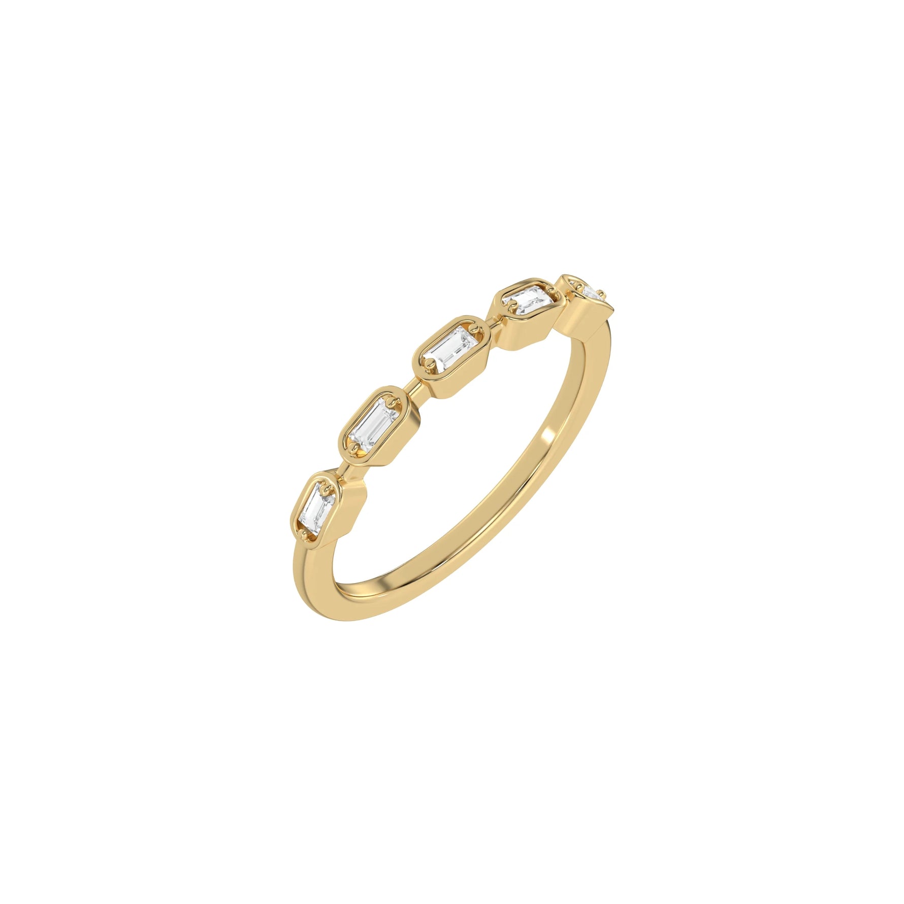 This yellow gold ring displayed on 3d view is made with five baguette diamonds and arranged in a horizontal orientation, while each diamond is set individually in a bezel setting