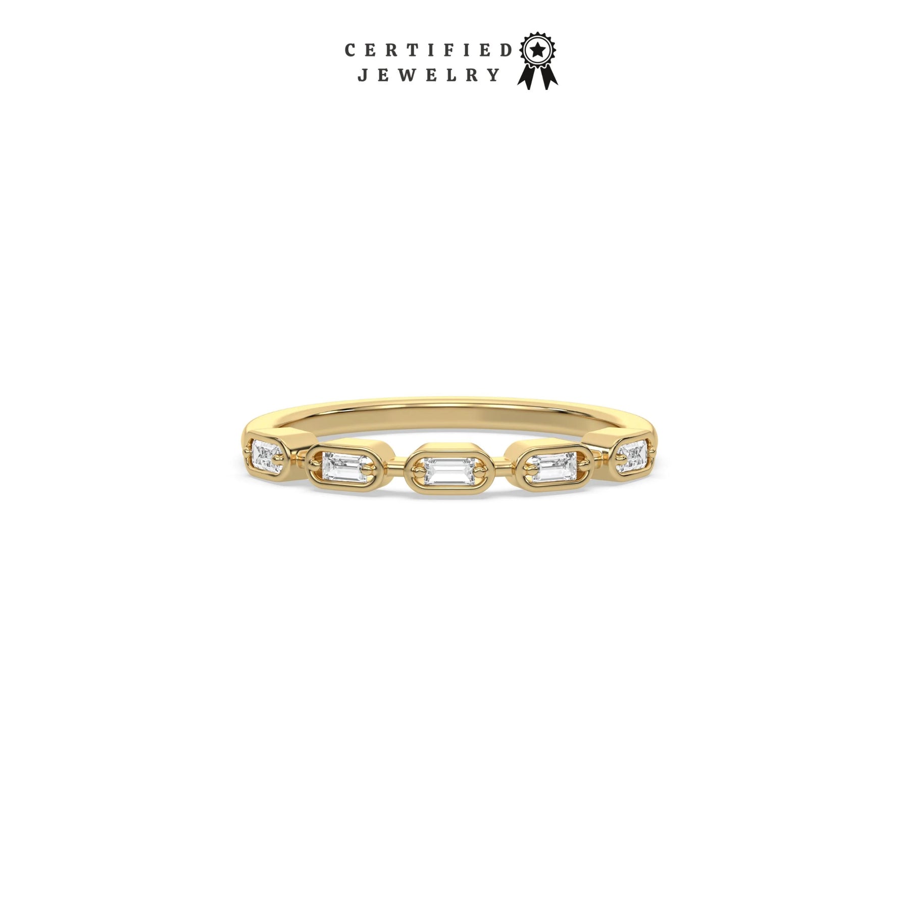 This yellow gold ring displayed on front view is made with five baguette diamonds and arranged in a horizontal orientation, while each diamond is set individually in a bezel setting