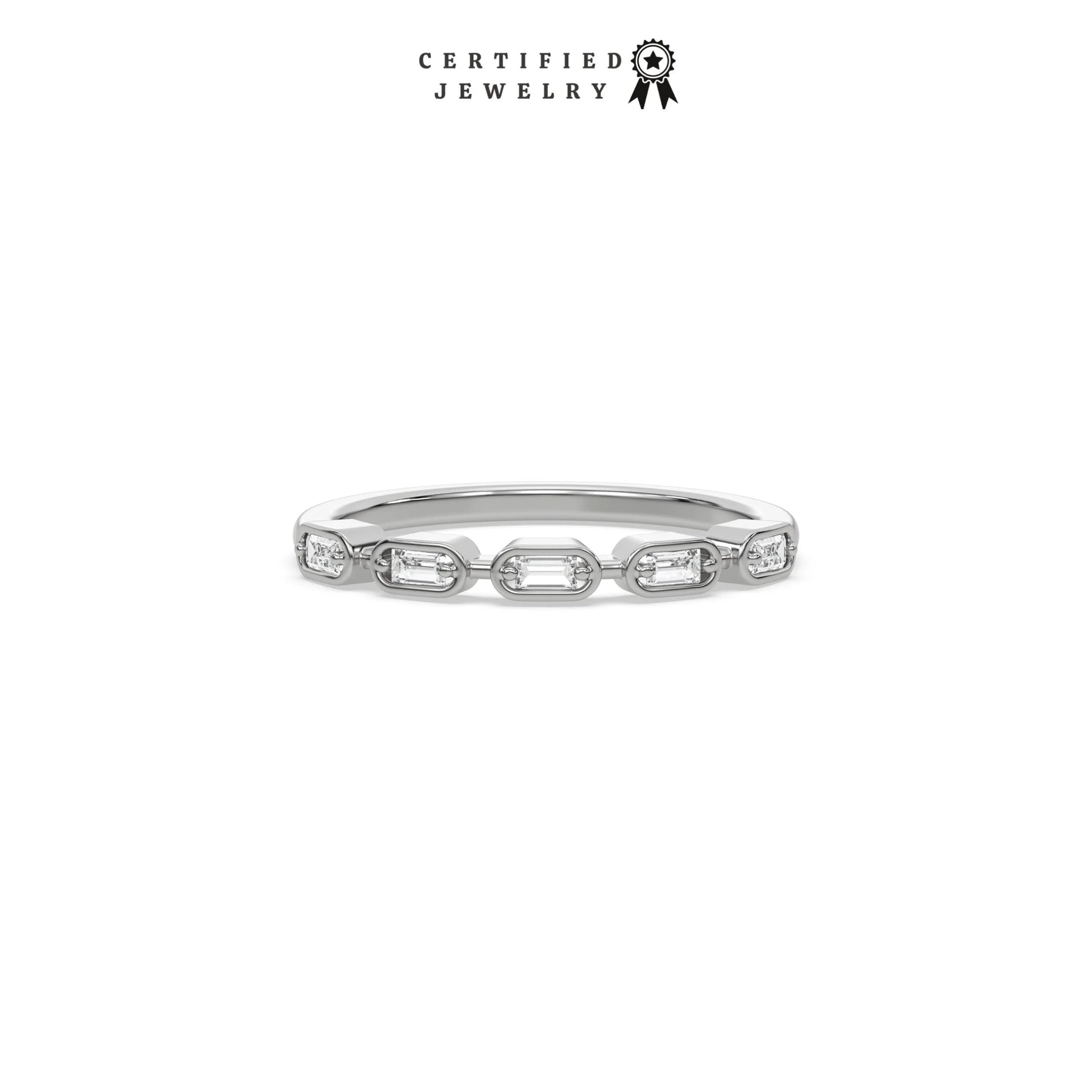 This white gold ring displayed on front view is made with five baguette diamonds and arranged in a horizontal orientation, while each diamond is set individually in a bezel setting