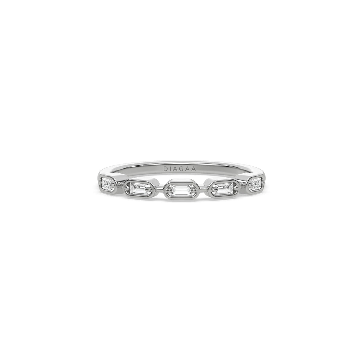 This white gold ring displayed on front view is made with five baguette diamonds and arranged in a horizontal orientation, while each diamond is set individually in a bezel setting