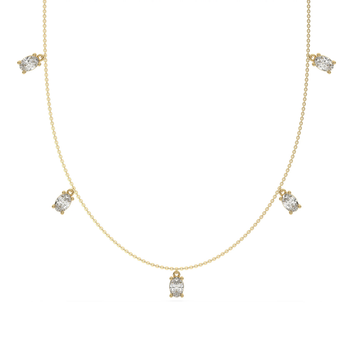 Oval Dangling Diamond Necklace made with five oval cut diamonds each set in a prong setting, distributed evenly along the chain