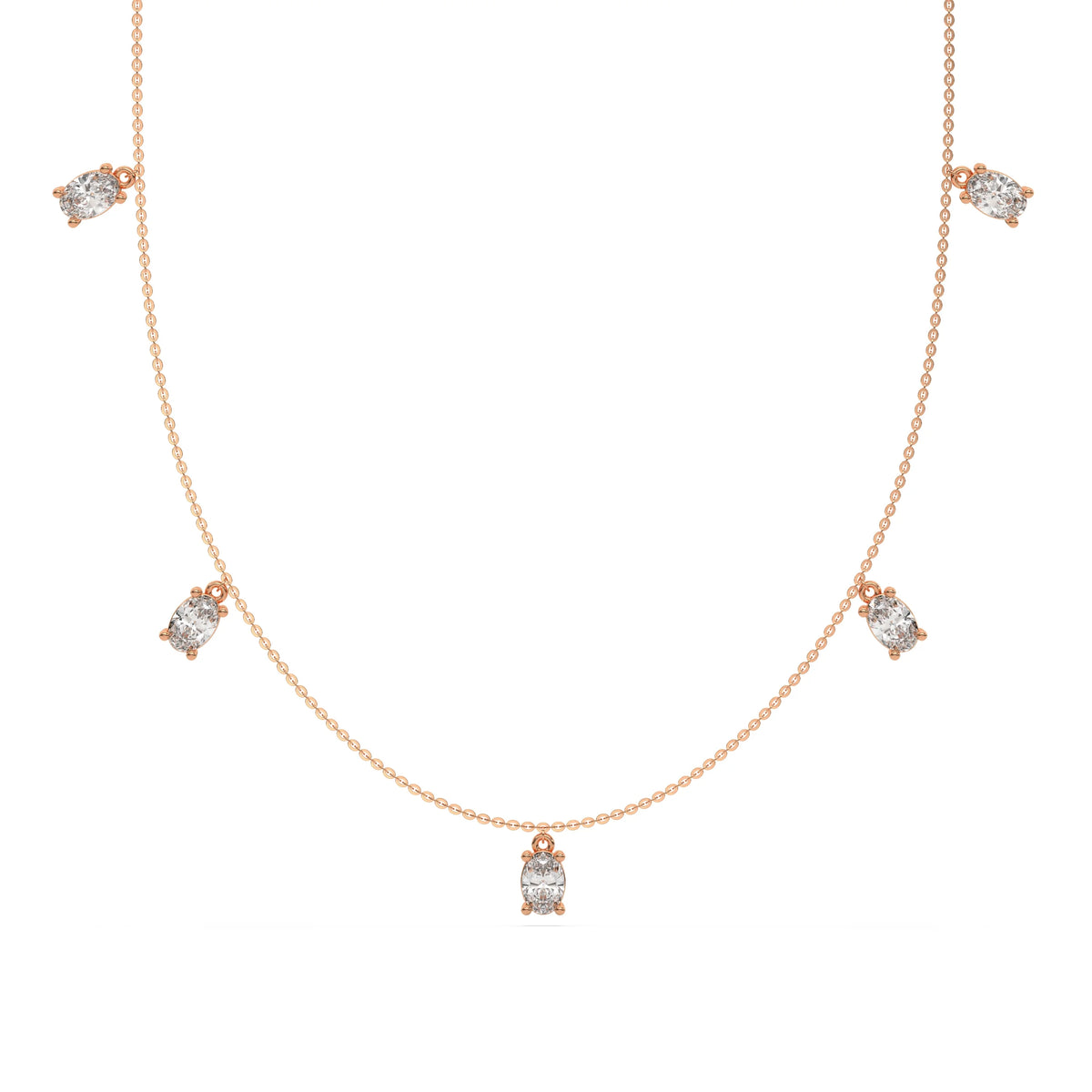 Oval Dangling Diamond Necklace made with five oval cut diamonds each set in a prong setting, distributed evenly along the chain