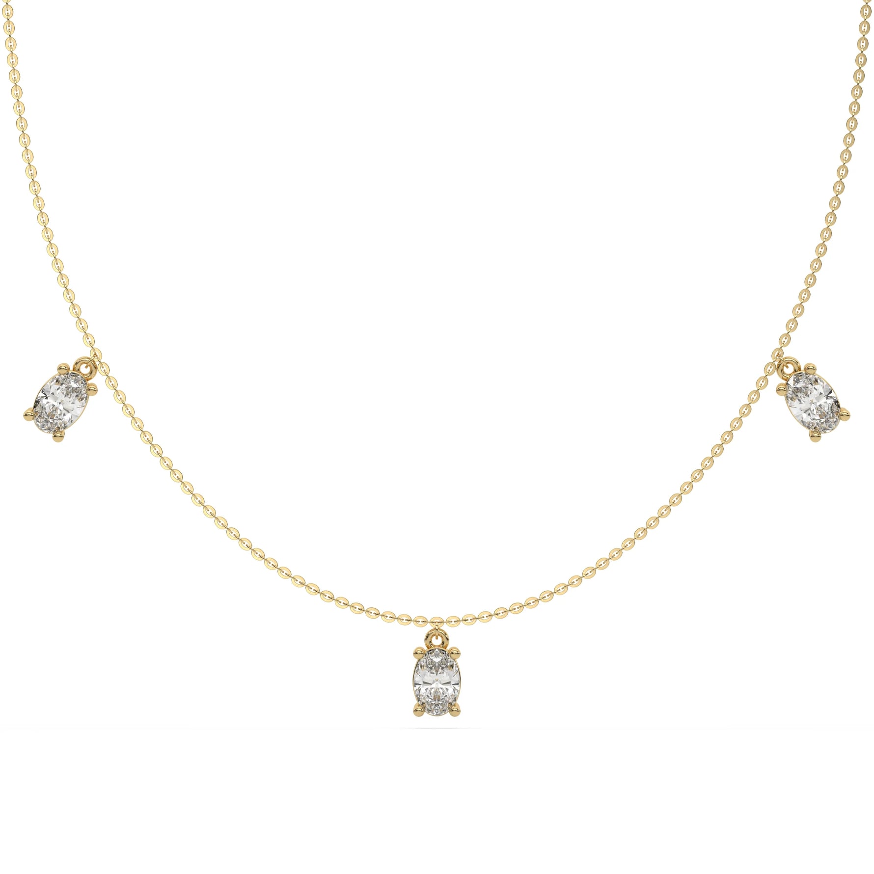 Oval Dangling Diamond Necklace made with five oval cut diamonds each set in a prong setting, distributed evenly along the chain