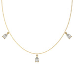 Pear Dangling Diamond Necklace made with five pear cut diamonds each set in a prong setting, distributed evenly along the chain