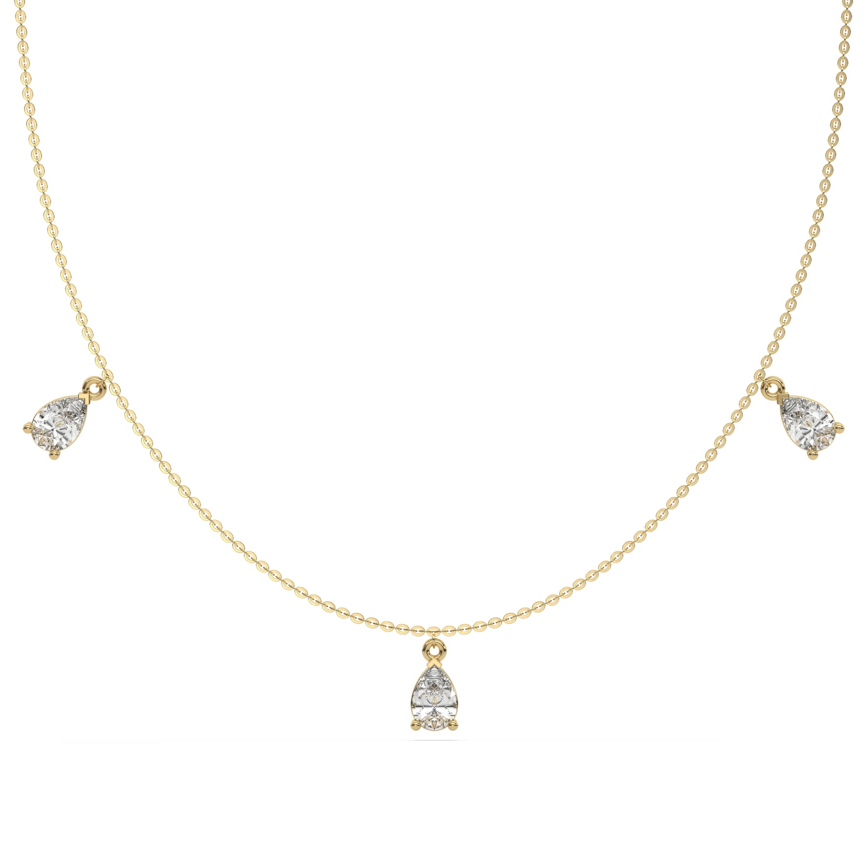 Pear Dangling Diamond Necklace made with five pear cut diamonds each set in a prong setting, distributed evenly along the chain