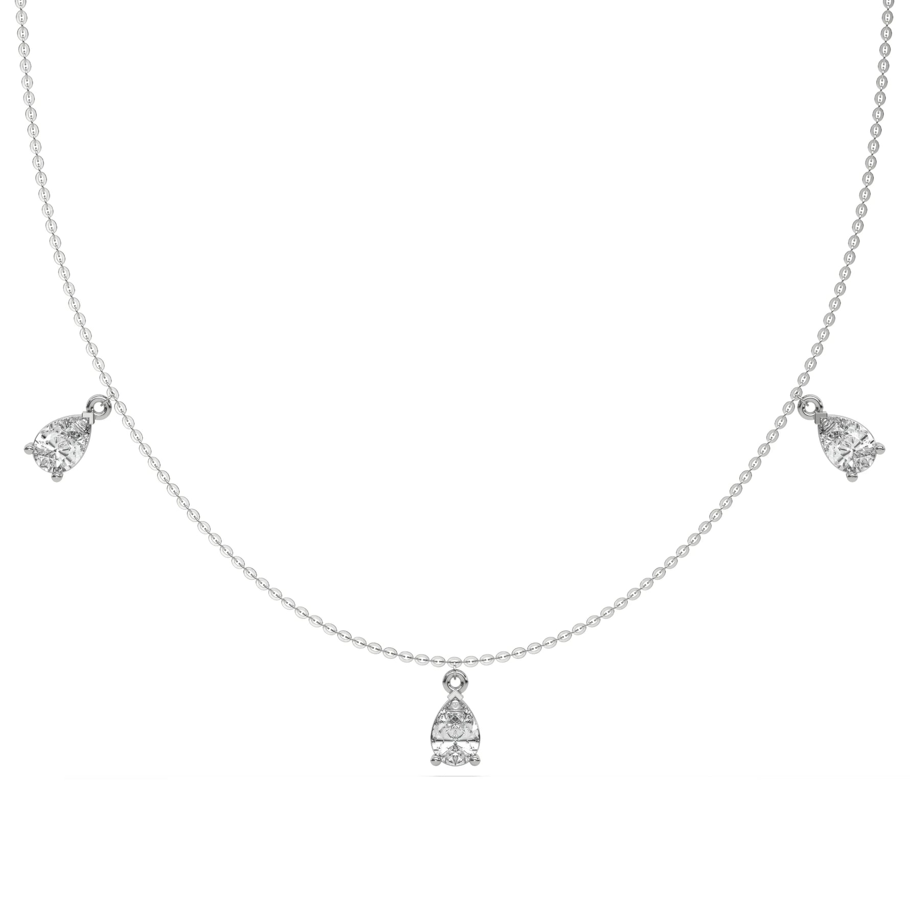 Pear Dangling Diamond Necklace made with five pear cut diamonds each set in a prong setting, distributed evenly along the chain