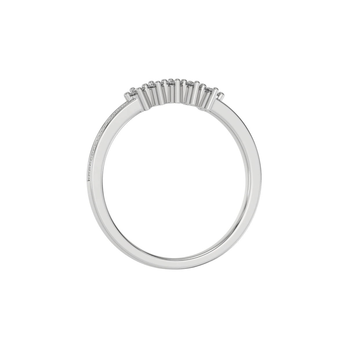 This white gold 5 Round Diamond Ring handmade with five round brilliant-cut diamonds and set in a shared four prong setting with milgrain detailing on the band in through finger view