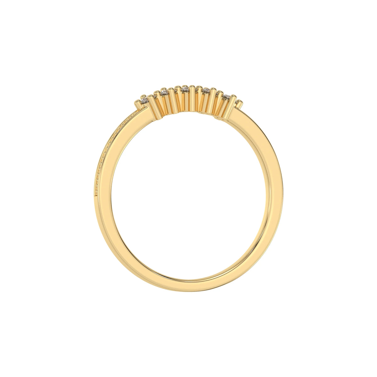 This yellow gold 5 Round Diamond Ring handmade with five round brilliant-cut diamonds and set in a shared four prong setting with milgrain detailing on the band in through finger view