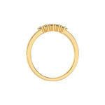 This yellow gold 5 Round Diamond Ring handmade with five round brilliant-cut diamonds and set in a shared four prong setting with milgrain detailing on the band in through finger view