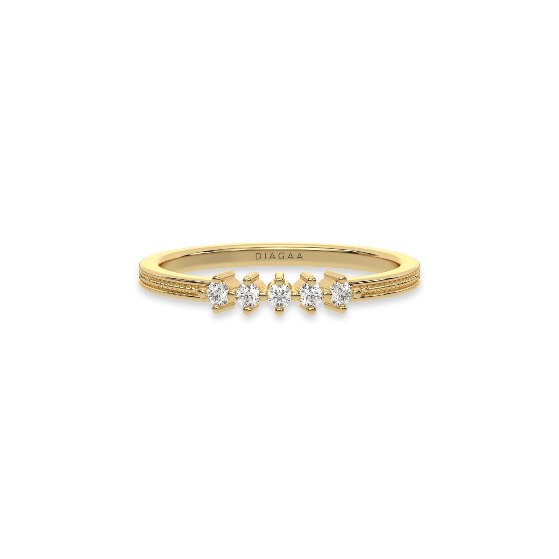 This yellow gold 5 Round Diamond Ring handmade with five round brilliant-cut diamonds and set in a shared four prong setting with milgrain detailing on the band in top view