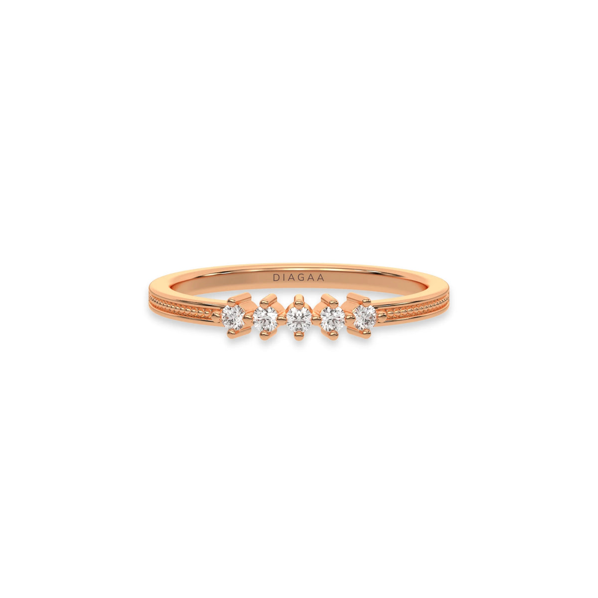 This rose gold 5 Round Diamond Ring handmade with five round brilliant-cut diamonds and set in a shared four prong setting with milgrain detailing on the band in top view