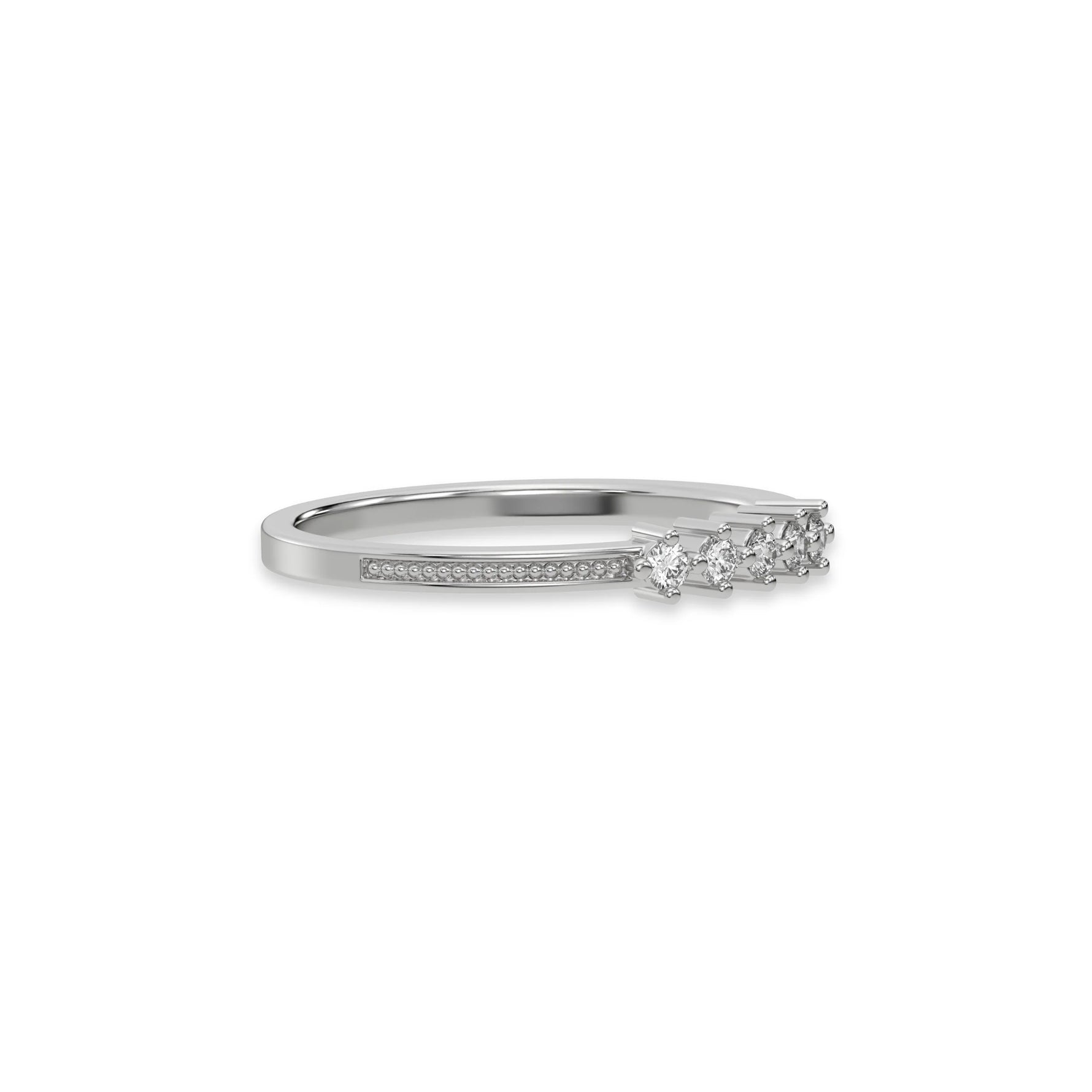 This White gold 5 Round Diamond Ring handmade with five round brilliant-cut diamonds and set in a shared four prong setting with milgrain detailing on the band in side view