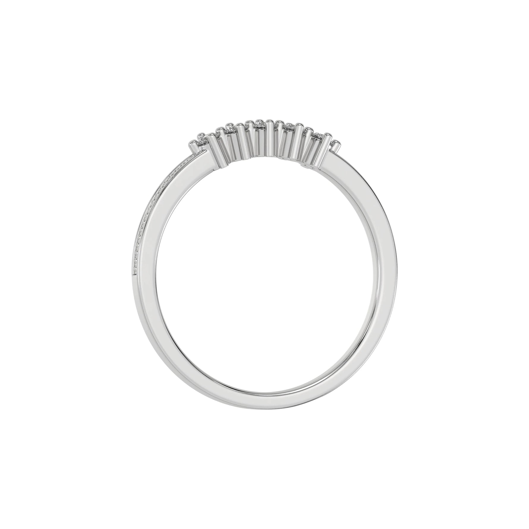 This white gold 5 Round Diamond Ring handmade with five round brilliant-cut diamonds and set in a shared four prong setting with milgrain detailing on the band in through finger view