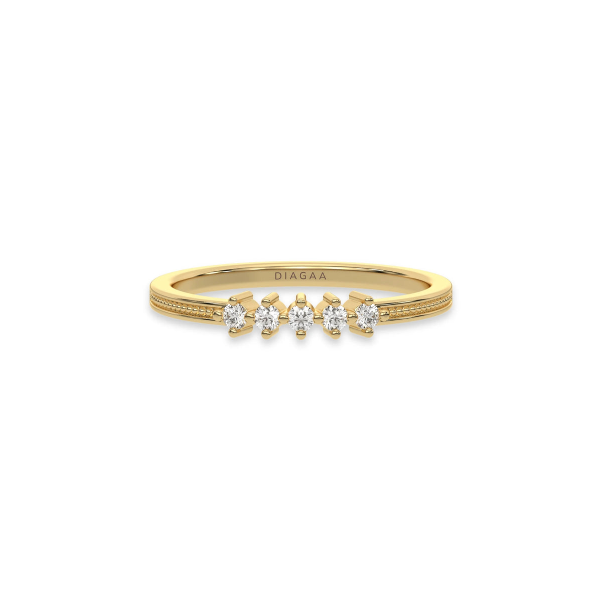 This yellow gold 5 Round Diamond Ring handmade with five round brilliant-cut diamonds and set in a shared four prong setting with milgrain detailing on the band in top view