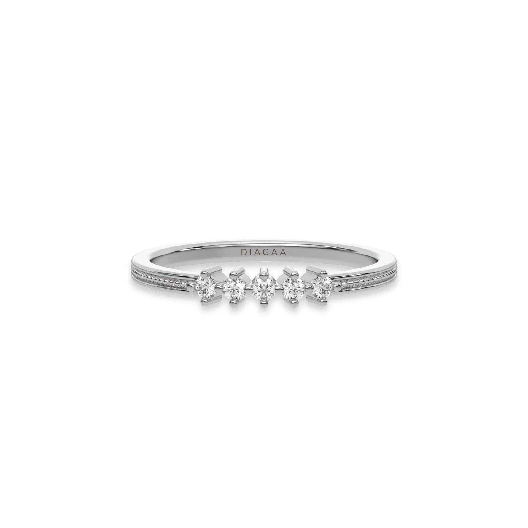 This white gold 5 Round Diamond Ring handmade with five round brilliant-cut diamonds and set in a shared four prong setting with milgrain detailing on the band in top view