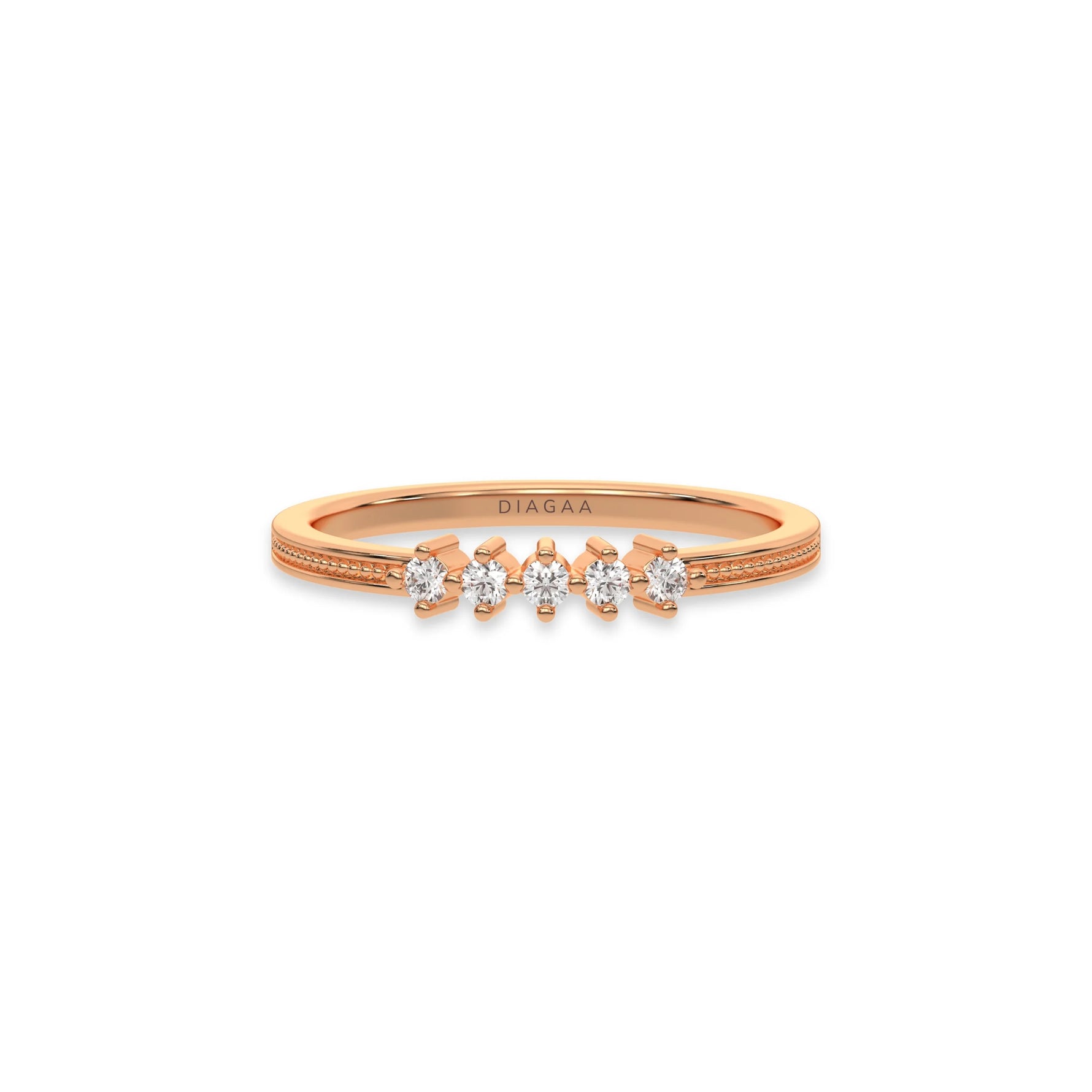 This rose gold 5 Round Diamond Ring handmade with five round brilliant-cut diamonds and set in a shared four prong setting with milgrain detailing on the band in top view