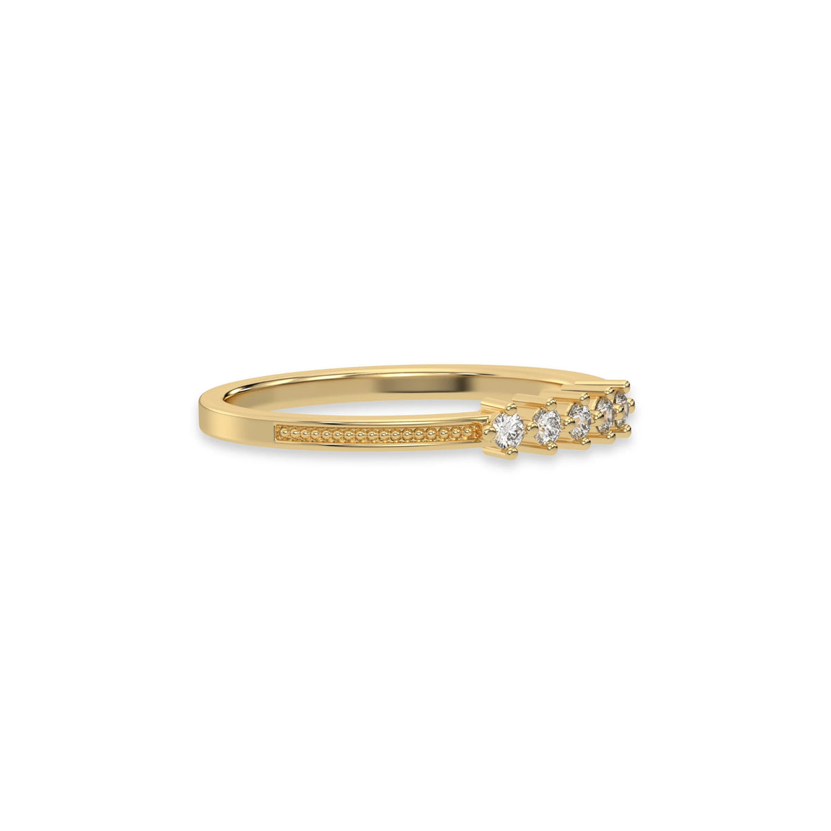 This yellow gold 5 Round Diamond Ring handmade with five round brilliant-cut diamonds and set in a shared four prong setting with milgrain detailing on the band in side view