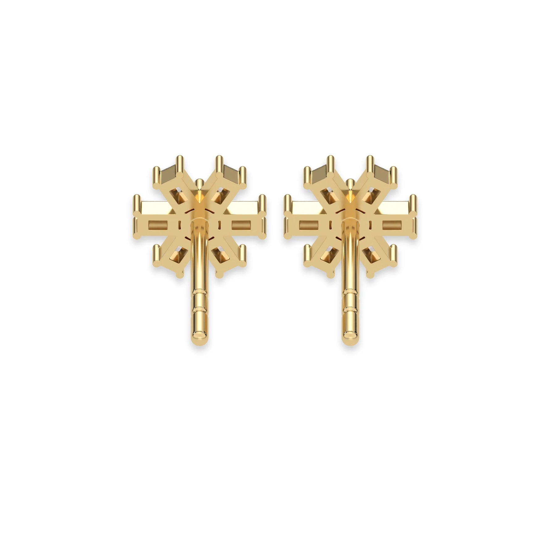 This yellow gold Flower Diamond Earrings made using baguette and round brilliant-cut diamonds, securely set in prong setting in back view