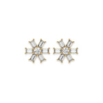 This yellow gold Flower Diamond Earrings made using baguette and round brilliant-cut diamonds, securely set in prong setting in top view