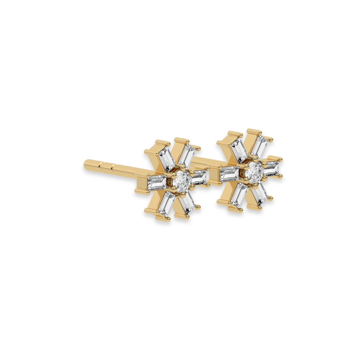 This yellow gold Flower Diamond Earrings made using baguette and round brilliant-cut diamonds, securely set in prong setting in side view