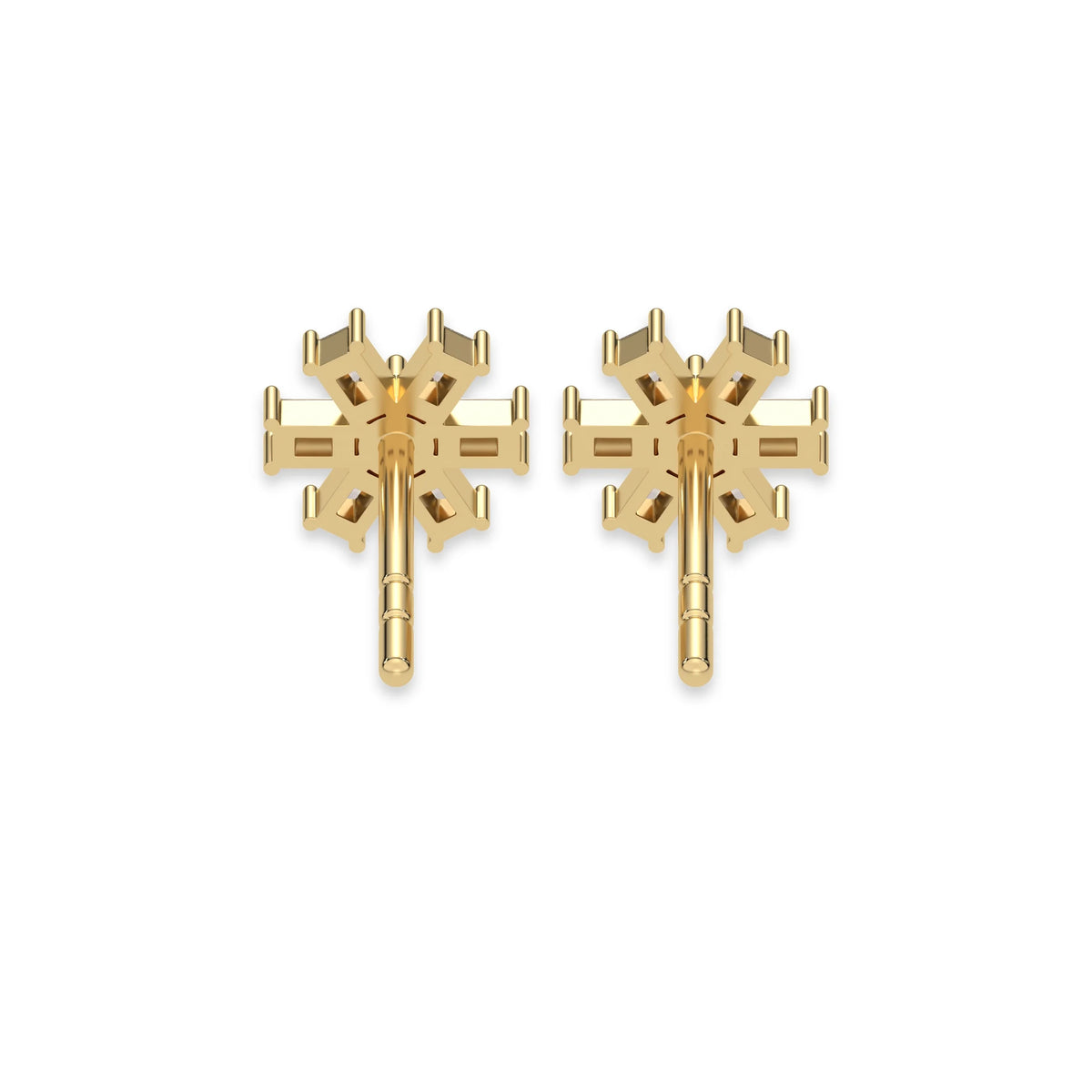 This yellow gold Flower Diamond Earrings made using baguette and round brilliant-cut diamonds, securely set in prong setting in back view