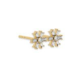 This yellow gold Flower Diamond Earrings made using baguette and round brilliant-cut diamonds, securely set in prong setting in side view