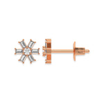 Front and side profile view of a flower prong-set baguette and round diamond stud earring set in rose gold, featuring a center round diamond and six baguette petals with white background.