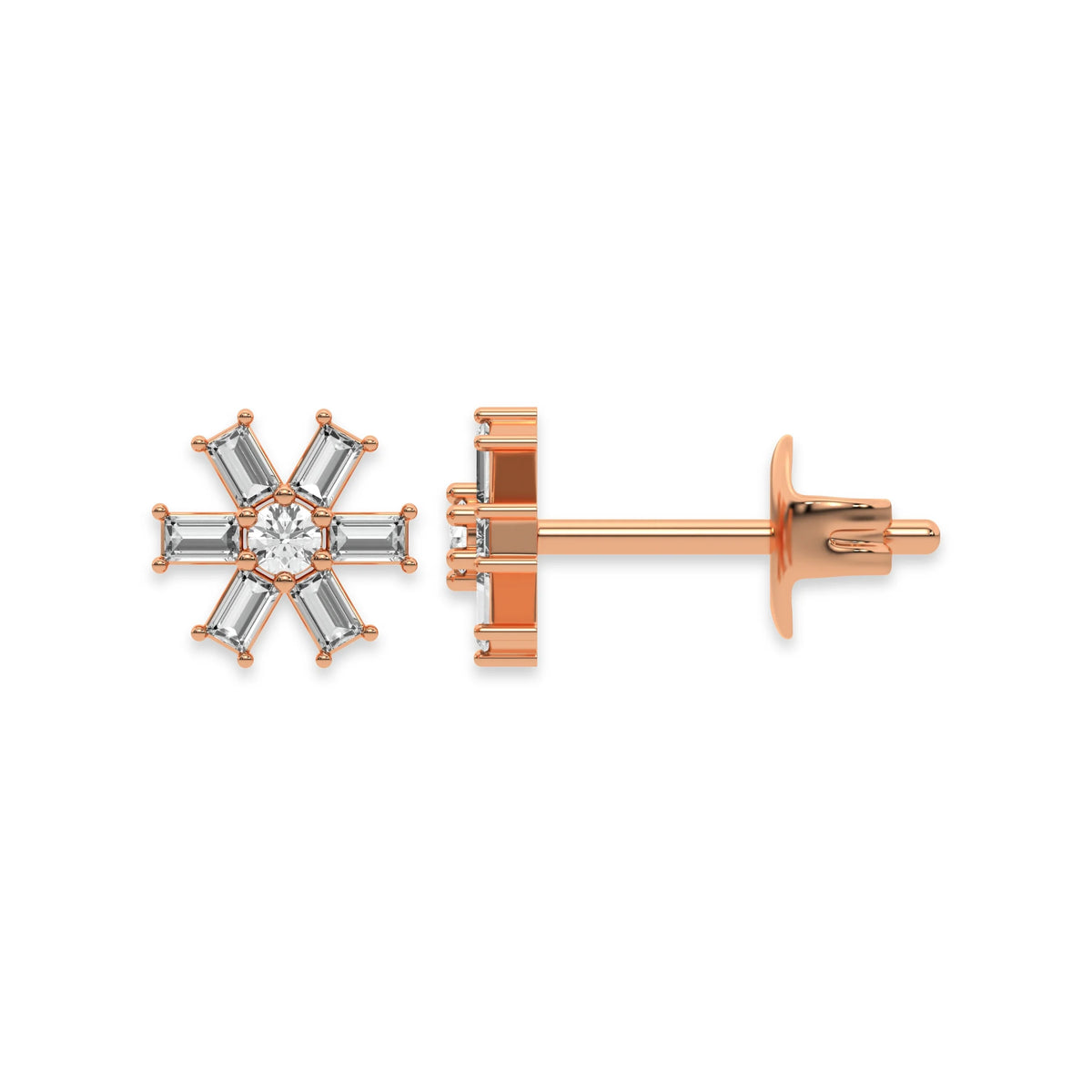 Front and side profile view of a flower prong-set baguette and round diamond stud earring set in rose gold, featuring a center round diamond and six baguette petals with white background.