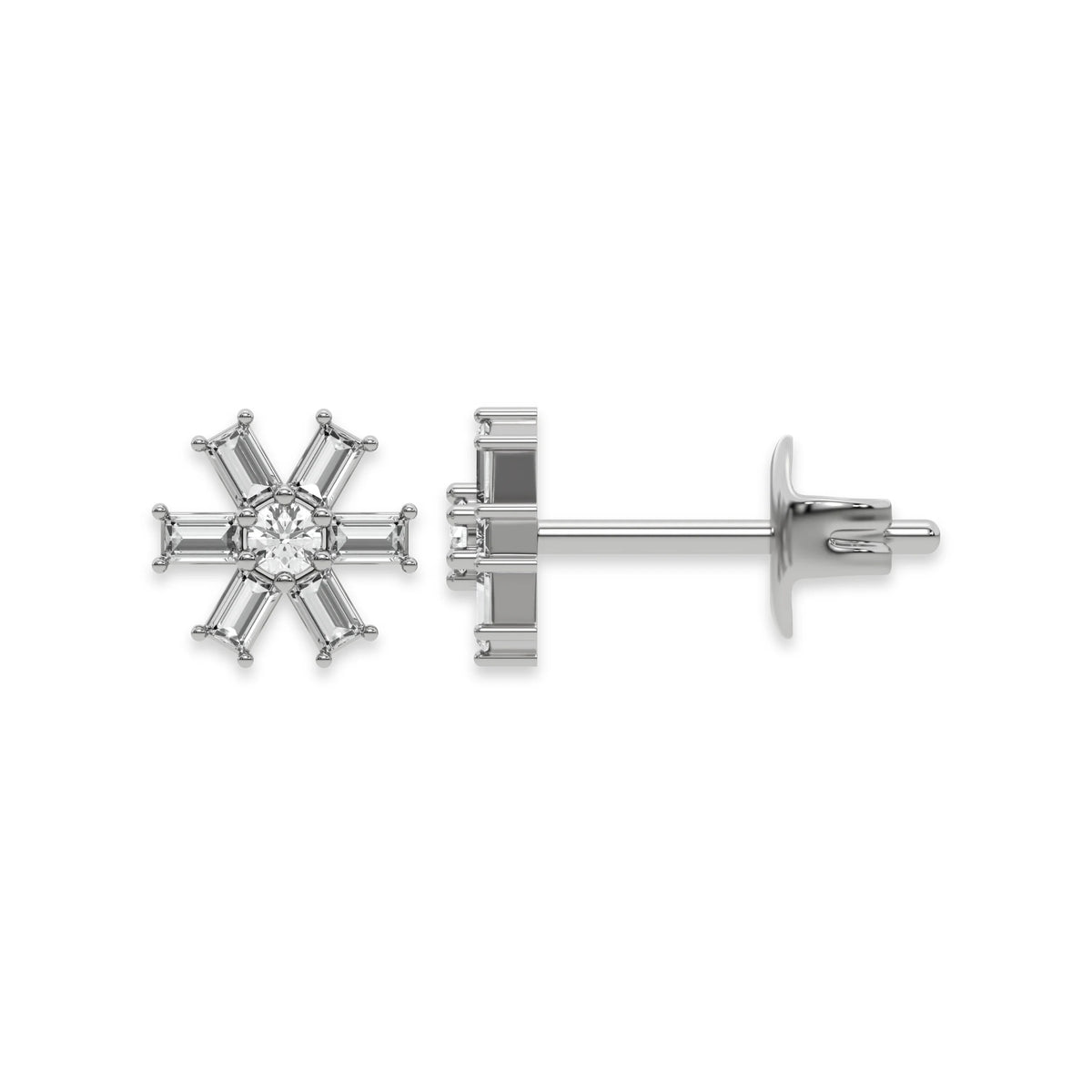 Front and side profile view of a flower prong-set baguette and round diamond stud earring set in white gold, featuring a center round diamond and six baguette petals with white background.