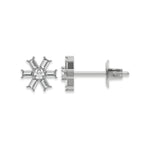 Front and side profile view of a flower prong-set baguette and round diamond stud earring set in white gold, featuring a center round diamond and six baguette petals with white background.
