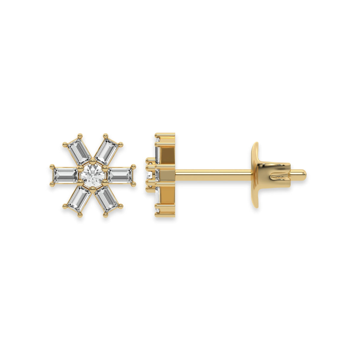 Front and side profile view of a flower prong-set baguette and round diamond stud earring set in yellow gold, featuring a center round diamond and six baguette petals with white background.