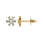 Front and side profile view of a flower prong-set baguette and round diamond stud earring set in yellow gold, featuring a center round diamond and six baguette petals with white background.