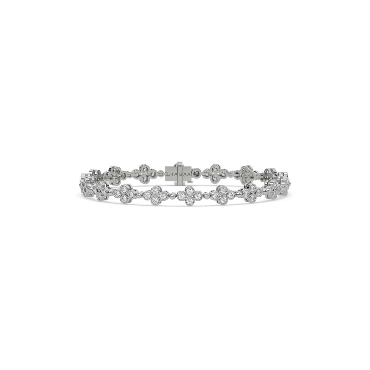 14K White Gold Round Diamond Clover Tennis Bracelet