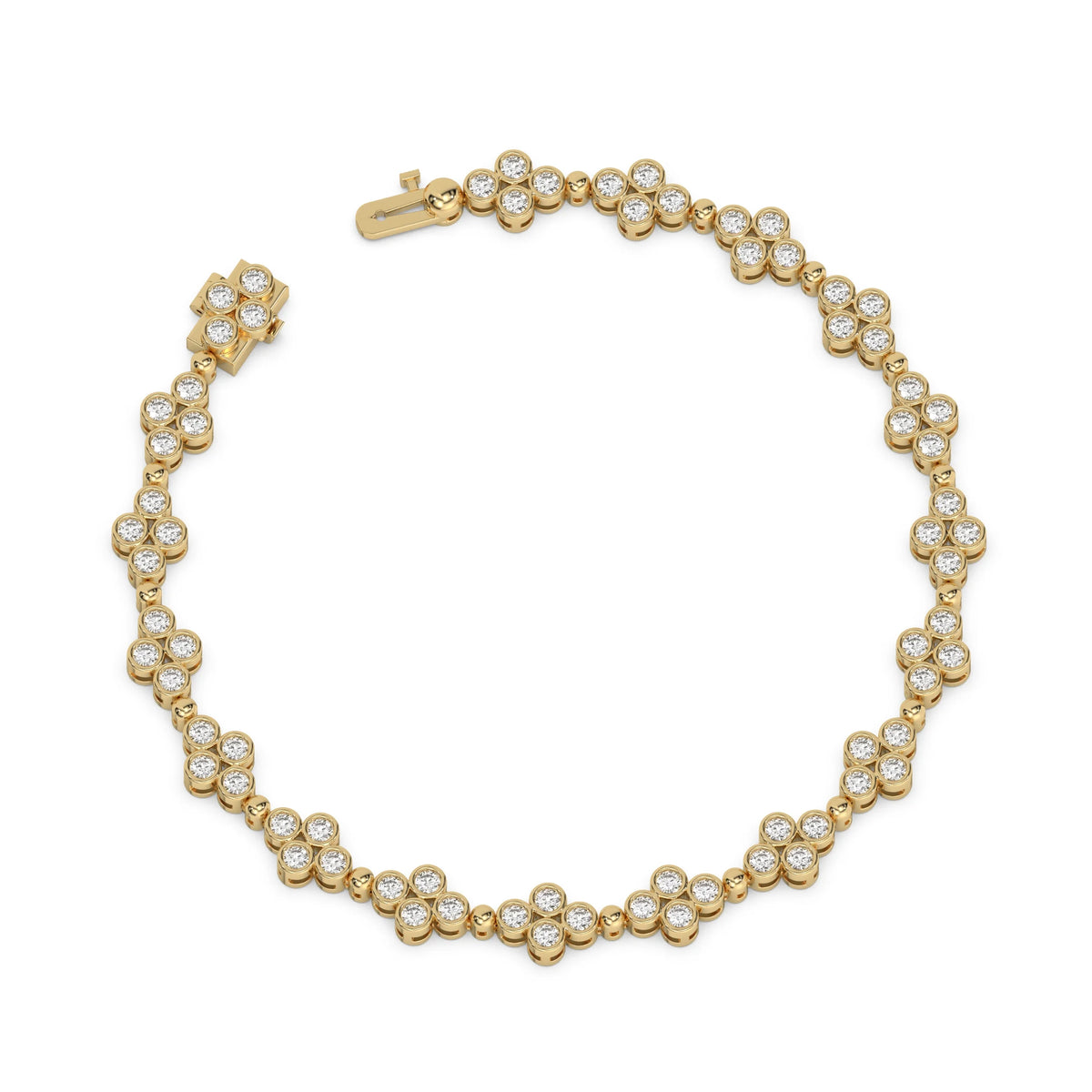 14K Yellow  Gold Round Diamond Bezel Flower Tennis Bracelet
