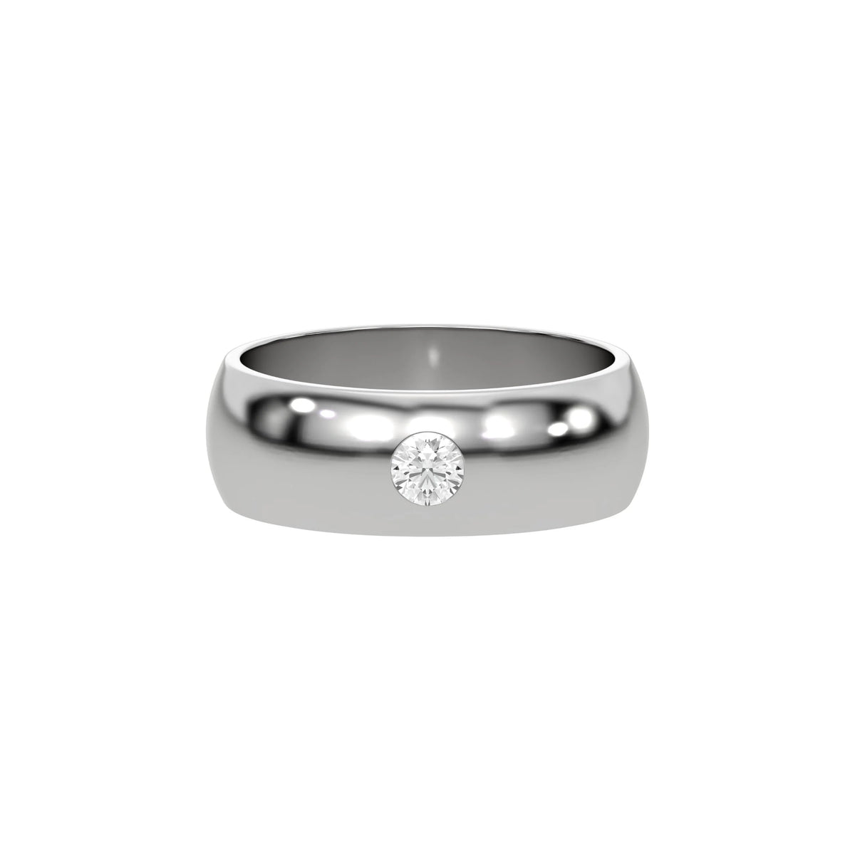 This white gold classic flush-set diamond wedding ring, featuring a single round brilliant-cut diamond delicately set in a flush setting in top view