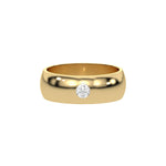 This yellow gold classic flush-set diamond wedding ring, featuring a single round brilliant-cut diamond delicately set in a flush setting in top view