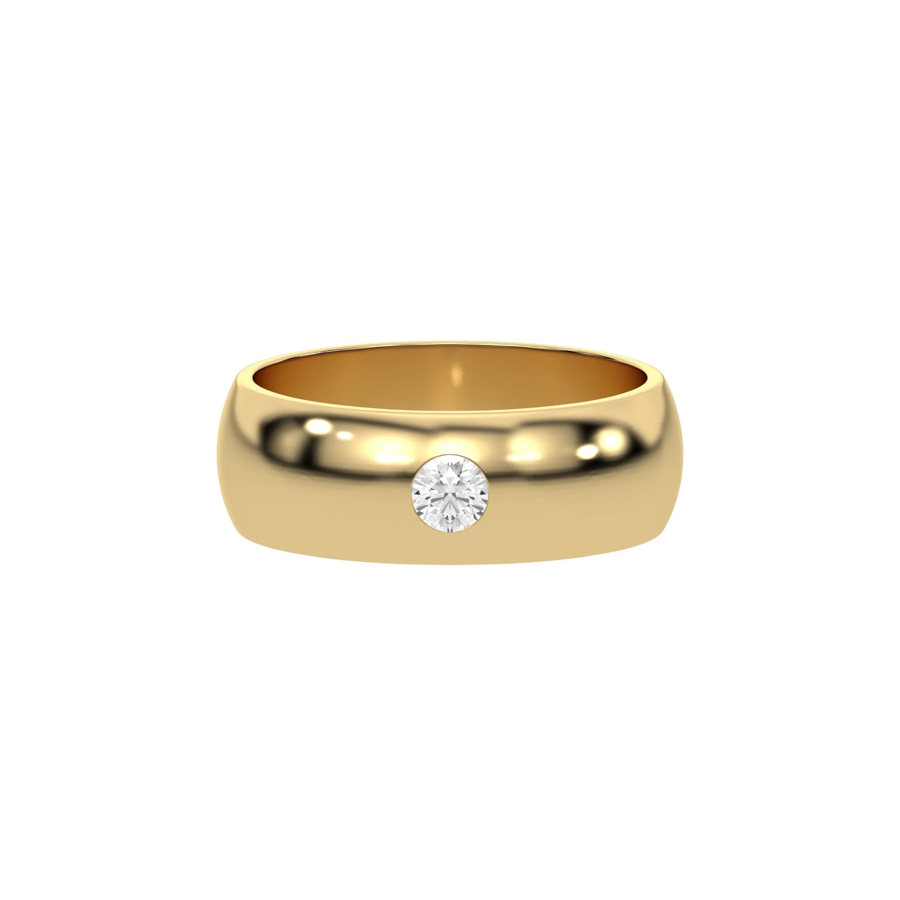 This yellow gold classic flush-set diamond wedding ring, featuring a single round brilliant-cut diamond delicately set in a flush setting in top view