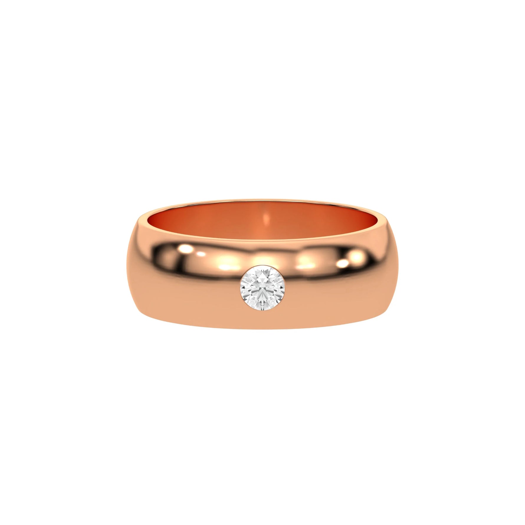 This rose gold classic flush-set diamond wedding ring, featuring a single round brilliant-cut diamond delicately set in a flush setting in top view