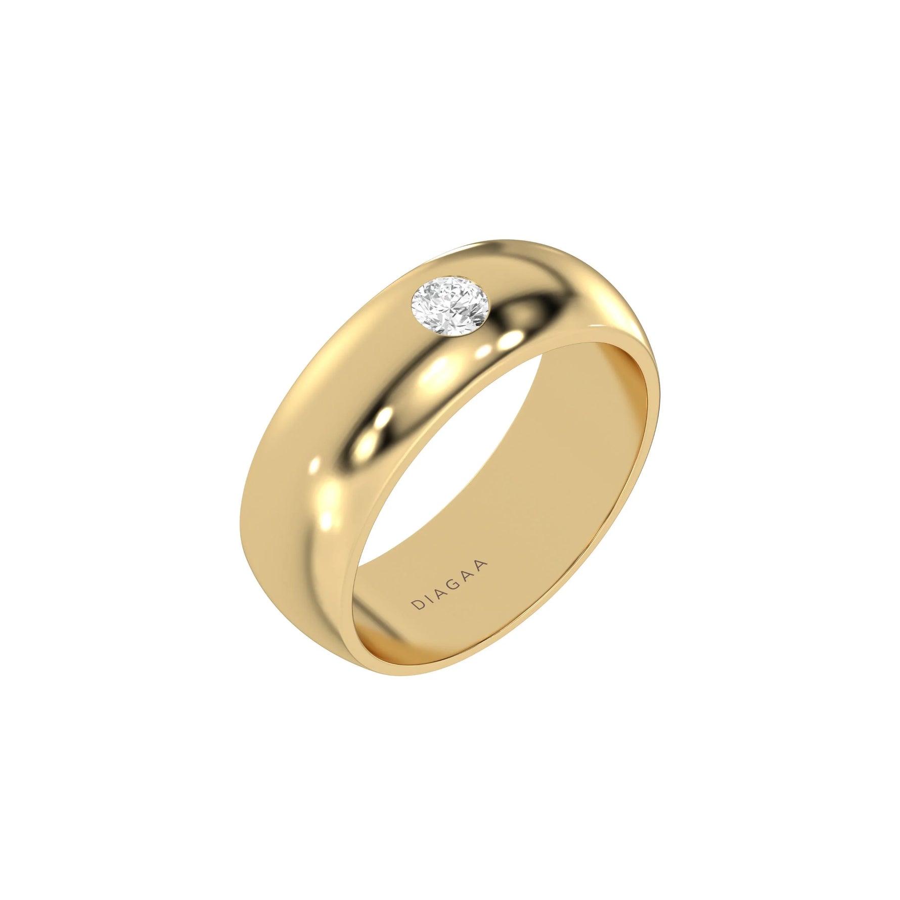 This yellow gold classic flush-set diamond wedding ring, featuring a single round brilliant-cut diamond delicately set in a flush setting in 3D view