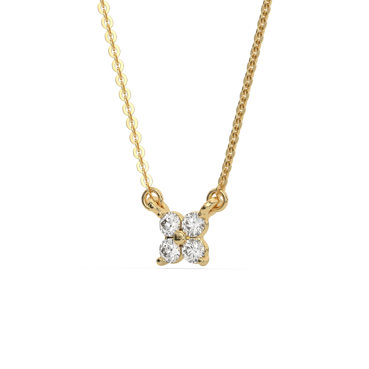 This yellow gold Round Diamond Necklace made with four round brilliant-cut diamonds, securely set in shared prong setting in side view