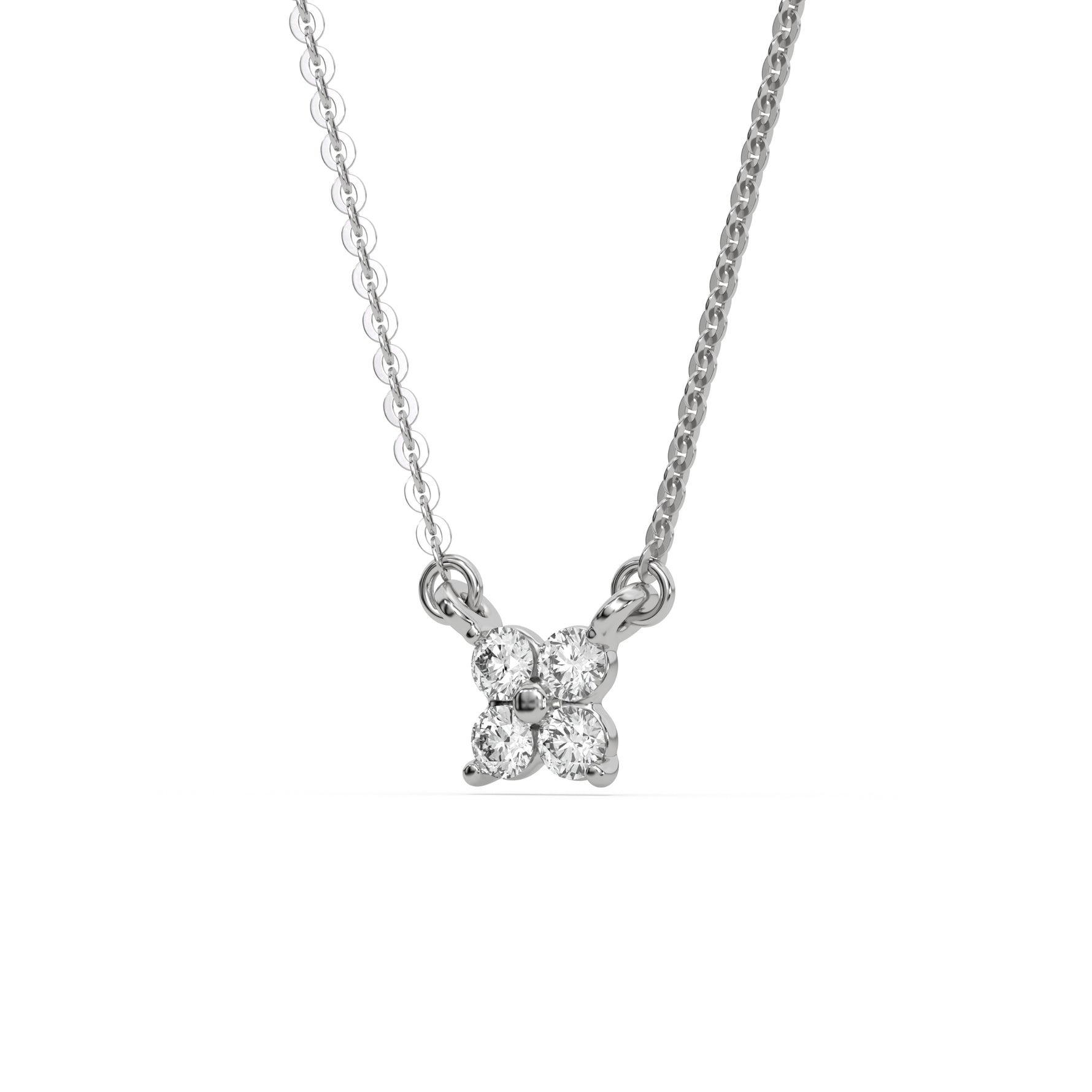 This white gold Round Diamond Necklace made with four round brilliant-cut diamonds, securely set in shared prong setting in side view