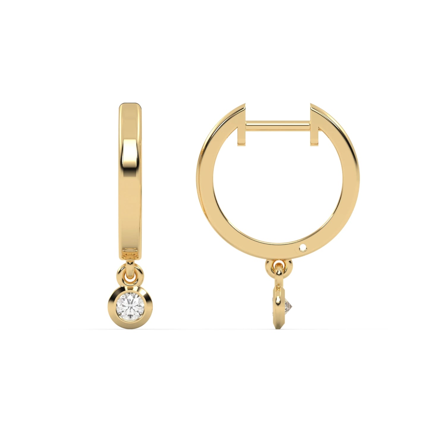 This yellow gold Small gold hoop earrings featuring a dangling 0.11 CT diamond on each hoop, securely set in a bezel setting in top view and side view