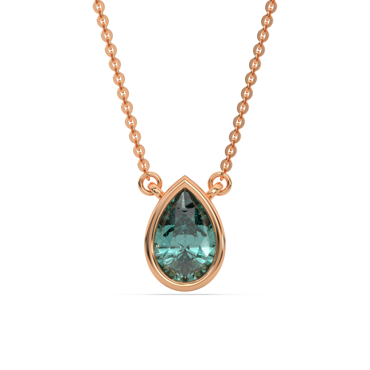 This rose gold Fancy Green Pear Solitaire Diamond Necklace made with a fancy Green pear cut diamond in bezel setting with adjustable chain in top view