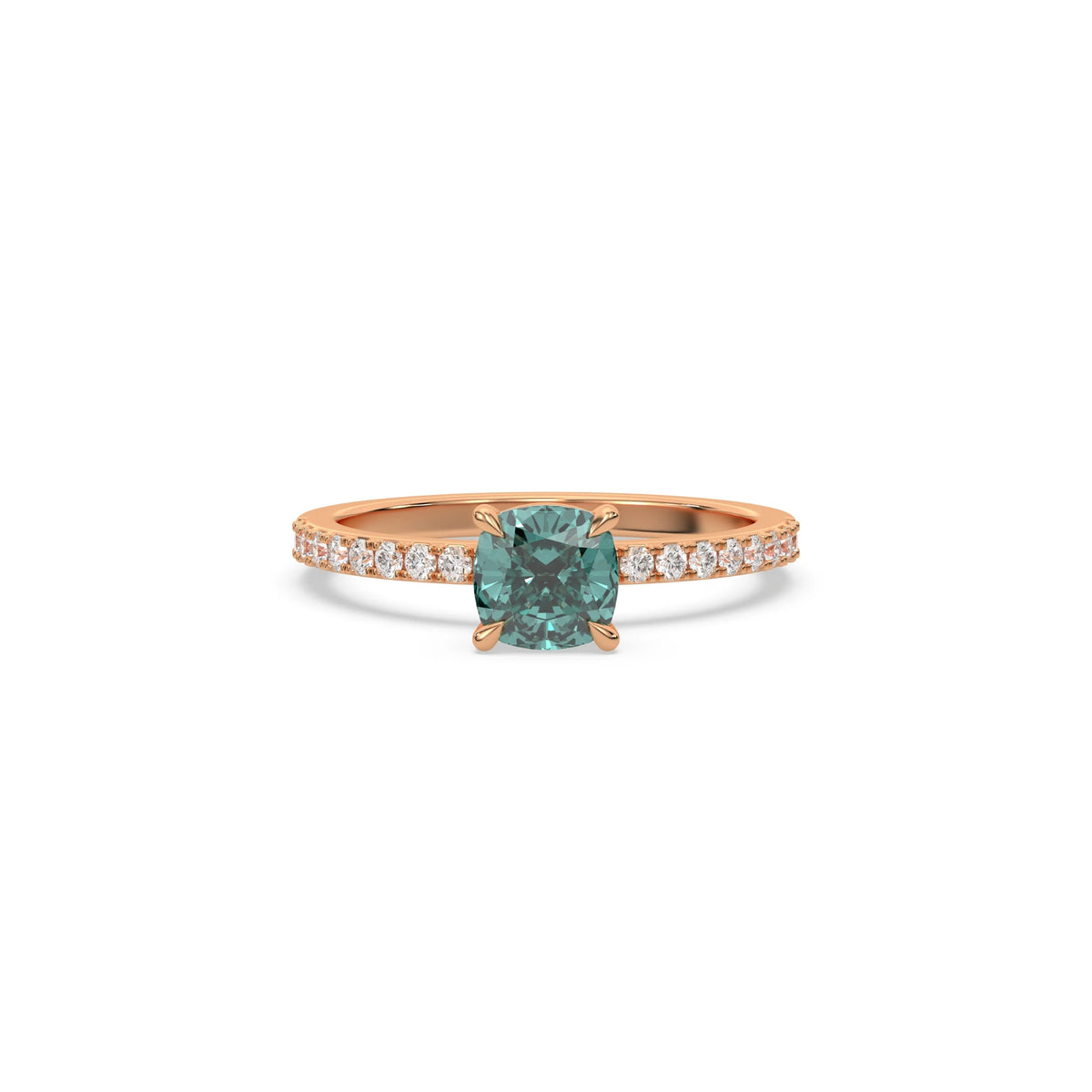 This rose gold ring displayed in Front view is made with a cushion solitaire diamond set in four-prong setting