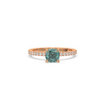 This rose gold ring displayed in Front view is made with a cushion solitaire diamond set in four-prong setting